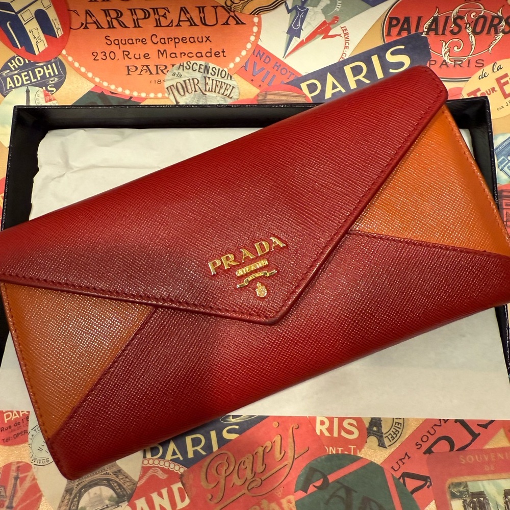 Prada Vibrant Orange Wallet With Pullout Card Holder and ID Slot